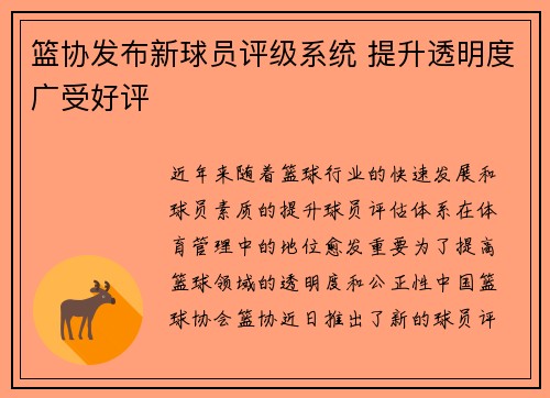 篮协发布新球员评级系统 提升透明度广受好评