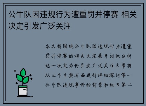 公牛队因违规行为遭重罚并停赛 相关决定引发广泛关注 公牛队因违规行为遭重罚并停赛 相关决定引发广泛关注