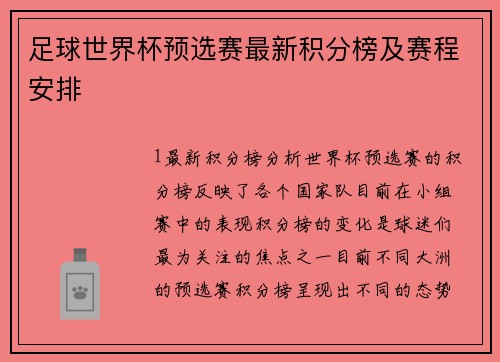 足球世界杯预选赛最新积分榜及赛程安排