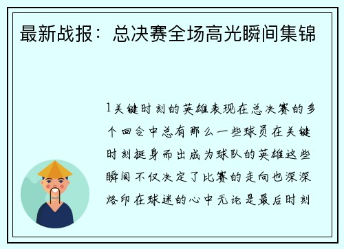 最新战报：总决赛全场高光瞬间集锦